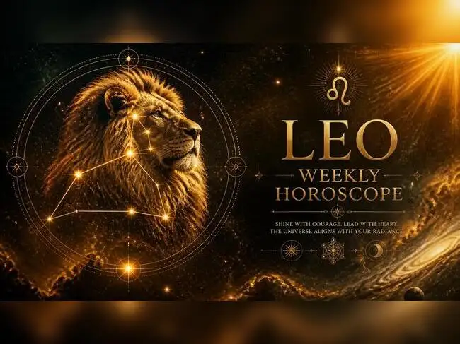 Leo weekly horoscope design with majestic lion constellation and celestial symbolism, deep space nebula background with golden and amber tones, realistic starfield, elegant typography for _LEO WEEKLY HOROSCOPE_, sacred geometry elements, professional