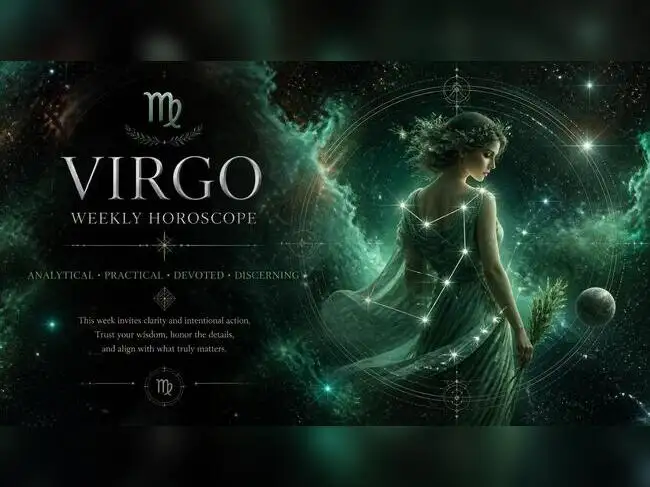 Virgo weekly horoscope design with elegant maiden constellation and celestial symbolism, deep space nebula background with emerald green and silver tones, realistic starfield, refined typography for _VIRGO WEEKLY HOROSCOPE_, sacred geometry elements,