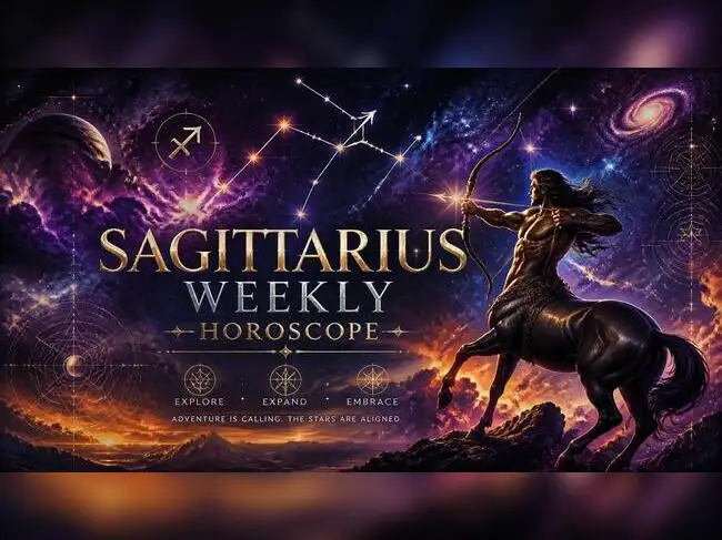 Sagittarius weekly horoscope design with archer constellation and celestial symbolism, deep space nebula background with vibrant purple, royal blue and fiery orange tones, realistic starfield, dynamic typography for _SAGITTARIUS WEEKLY HOROSCOPE_, sa