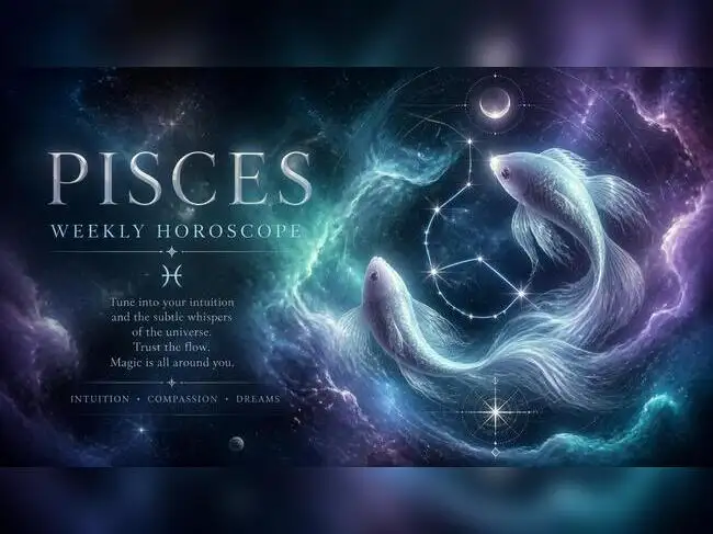 Pisces weekly horoscope design with two fish constellation and celestial symbolism, deep space nebula background with ethereal aquamarine, soft purple and pearl white tones, realistic starfield, flowing typography for _PISCES WEEKLY HOROSCOPE_, sacre