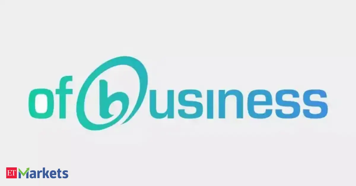 OfBusiness logo with a backdrop of a bustling Indian marketplace and upward-trending stock charts.