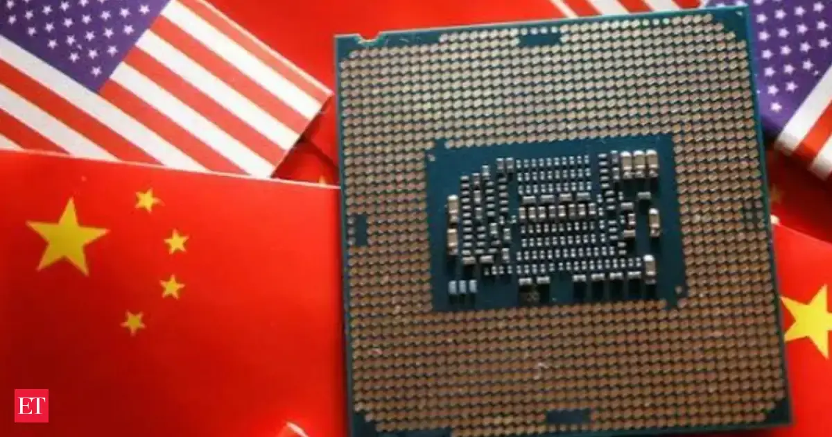 Graphic depicting the US and China flags intertwined with circuit board patterns, symbolizing a technological geopolitical divide.