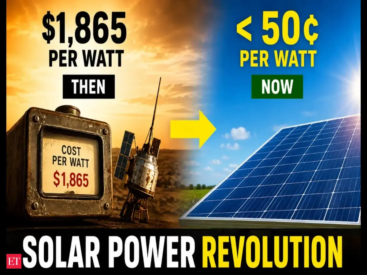 In 1956, solar power was priced at about $1,865 per watt and survived largely because spacecraft needed lightweight power. Decades later, prices fell below 50 cents per watt and solar became the cheapest new electricity