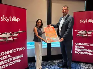 Avani Singh, Founder & CEO, SkyHop Aviation with Eric Lithun, Founder and CEO of NOEMI Aerospace at the MoU signing