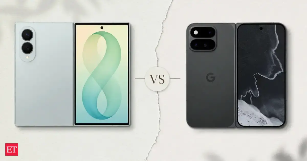 Side-by-side comparison of a sleek Samsung Galaxy Z Fold 8 and a Google Pixel 11 Pro Fold smartphone, both unfolded, against a futuristic backdrop.