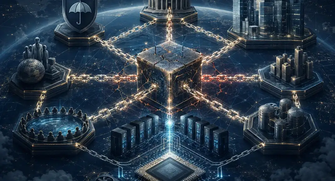 Abstract depiction of interconnected financial chains and data nodes, symbolizing private credit and AI's impact on global markets.