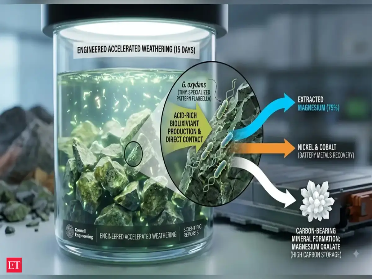 In 15 days, Cornell-engineered bacterium broke down olivine and extracted 75% of its magnesium, while releasing nickel and cobalt and forming a carbon-storing mineral that could link mine waste to cleaner batteries