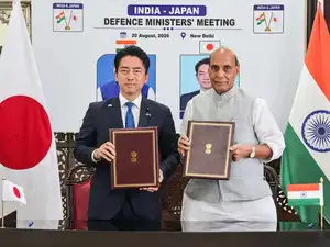 New Delhi, Aug 20: Union Defence Minister Rajnath Singh and Japan Defence ...