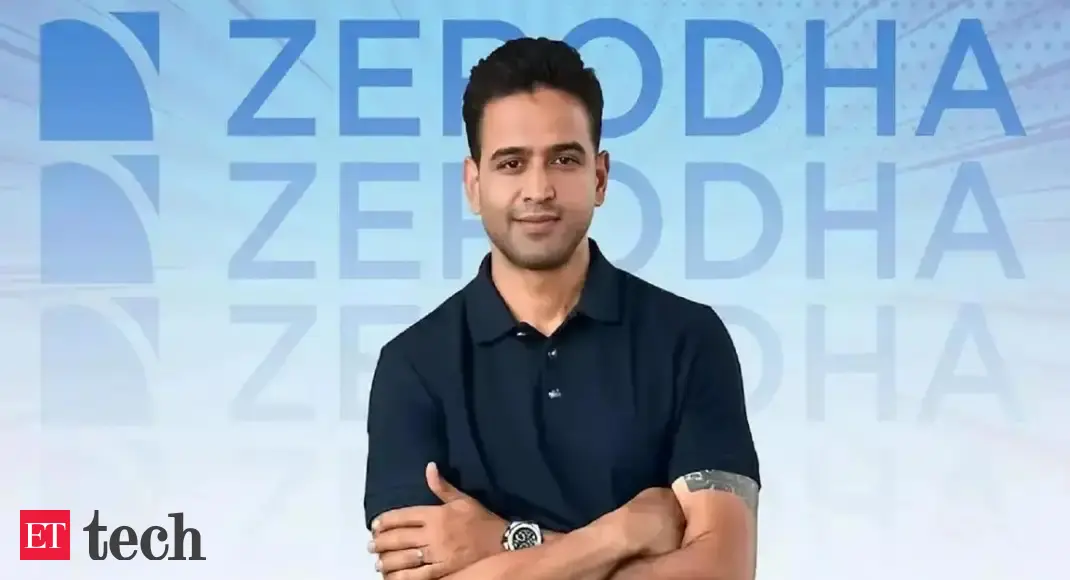 A split image showing a financial graph with a downward trend for Zerodha's profits on one side, and a modern handshake representing IT deal models on the other.