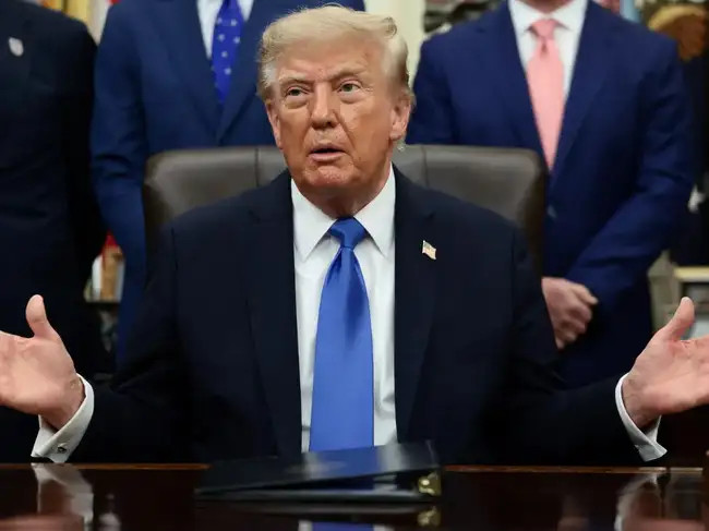 U.S. President Trump meets with travel executives in the Oval Office at the White House in Washington