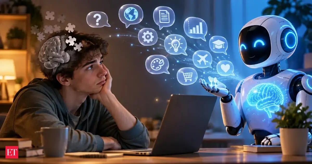 A human brain with a glowing question mark, surrounded by AI-like digital streams, symbolizing cognitive outsourcing.