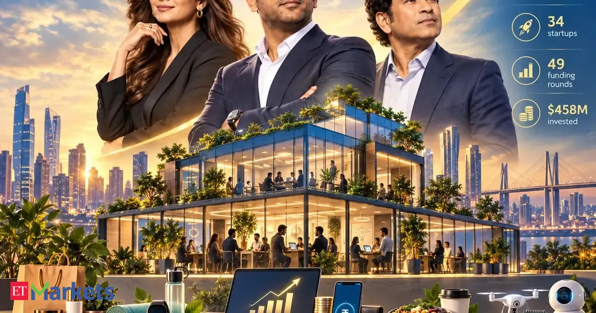 Collage of Indian celebrities like Shilpa Shetty, MS Dhoni, Sachin Tendulkar, and Alia Bhatt with various startup logos in the background, symbolizing celebrity investments in Indian startups.