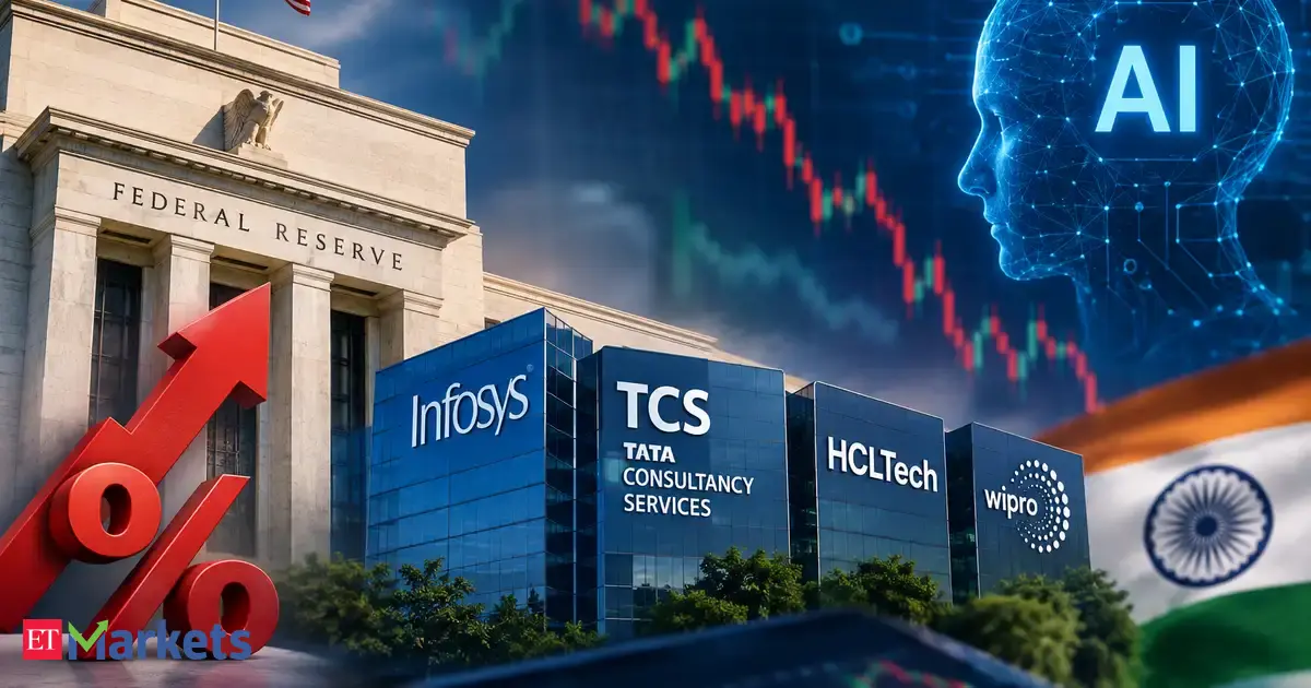 Charts showing stock performance of Infosys and TCS against a backdrop of a Federal Reserve building and abstract AI visualisations.