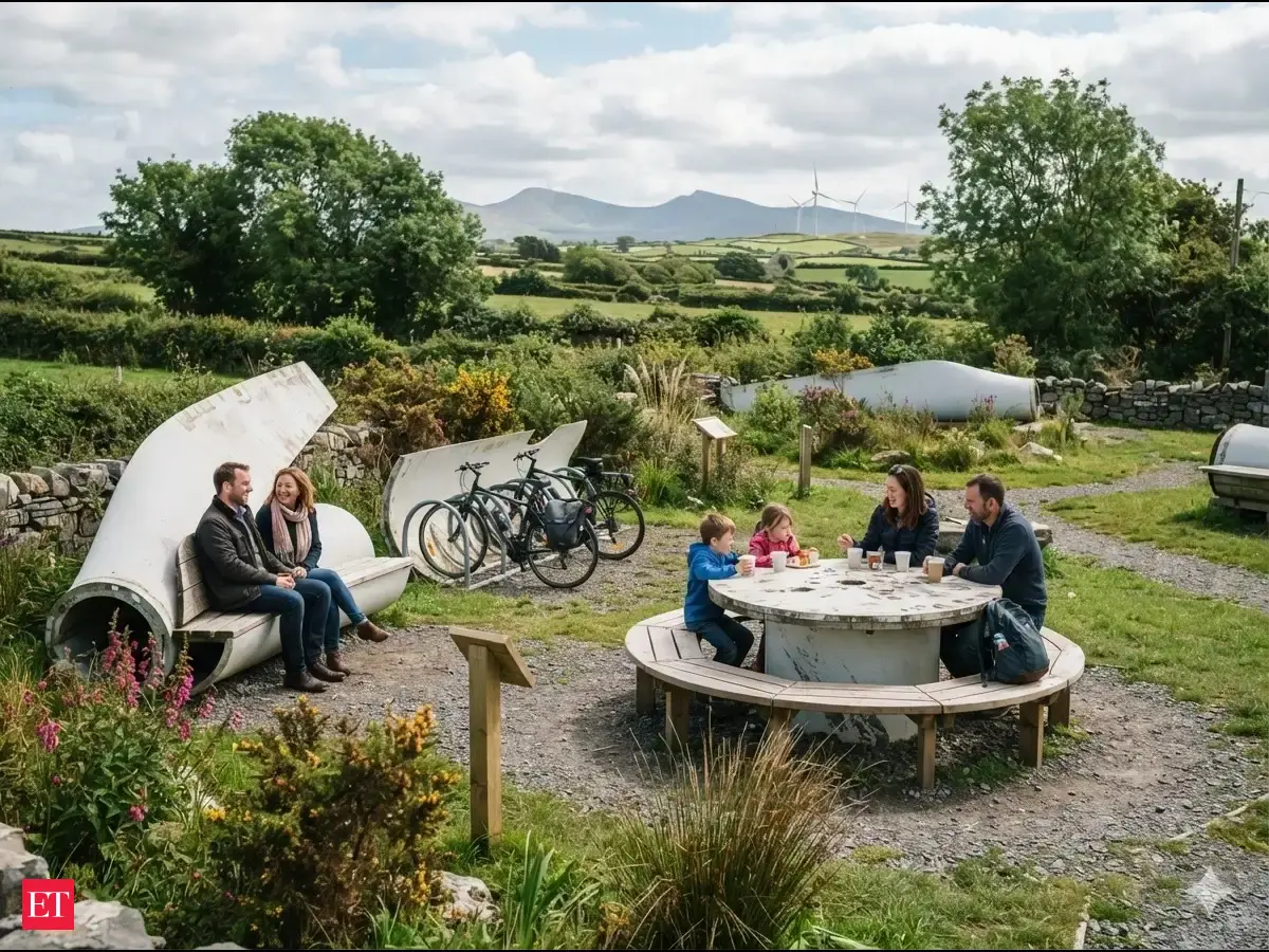 Retired wind turbine blades repurposed into community infrastructure like benches and bike racks.