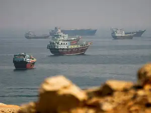 FILE PHOTO: Vessels near the Strait of Hormuz, as seen from Musandam, Oman, August 31, 2026.