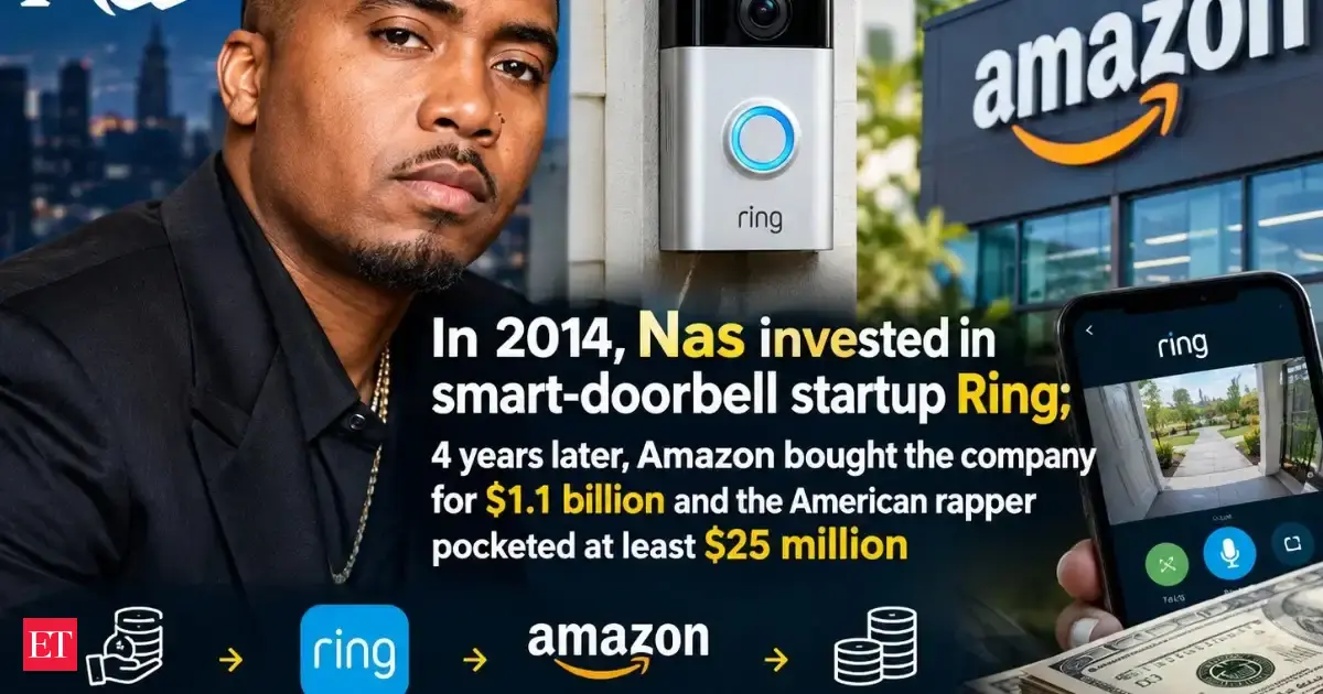Rapper Nas smiling confidently, with the Ring smart doorbell logo subtly in the background.
