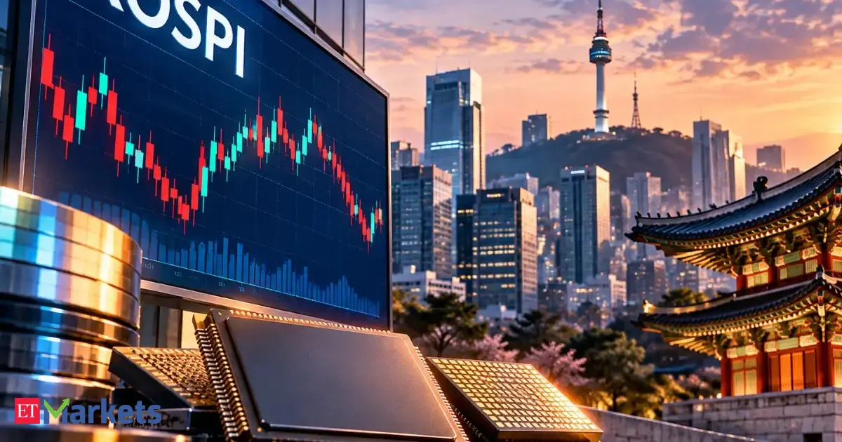 South Korean stock market chart with semiconductor chip illustration, representing market anticipation for data.