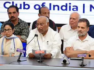 New Delhi, Jun 08: Congress President Mallikarjun Kharge addresses the med...