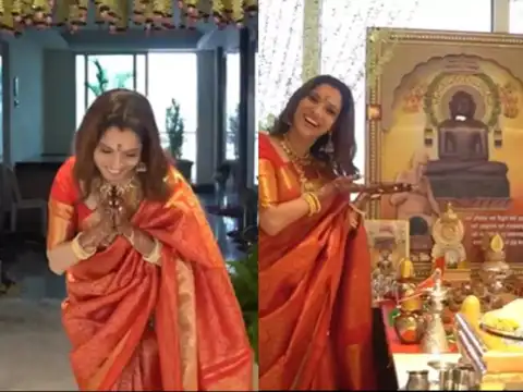 A dramatic red-and-gold room and a sacred puja space