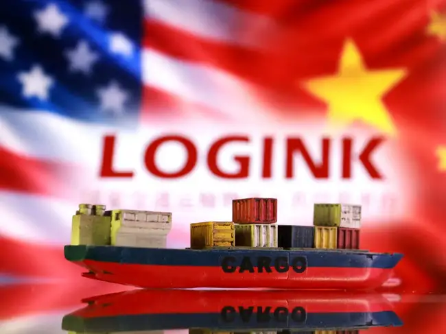 A 3D printed container cargo boat, U.S. and Chinese flags and LOGINK logo are seen in this illustration taken September 30, 2026.