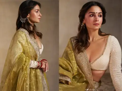 Cream blouse with a gold-toned dupatta for subtle glamour
