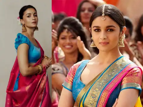 Hot pink saree with a blue blouse for a bold colour combination