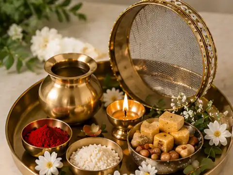 Classic golden thali with brass puja essentials