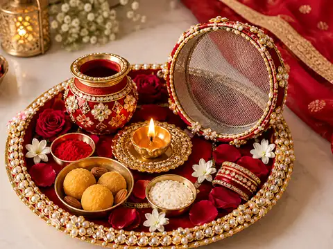 Red and gold embellished thali for a grand look