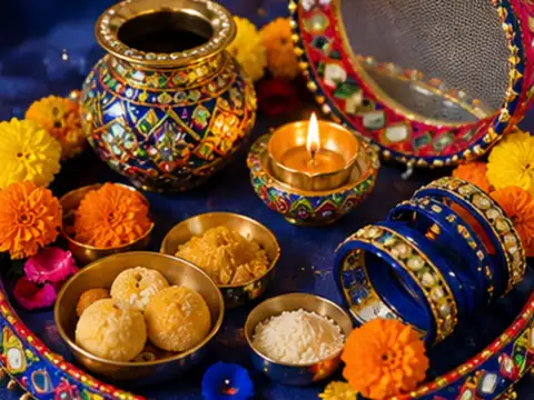 Bright blue and orange thali for a vibrant festive look