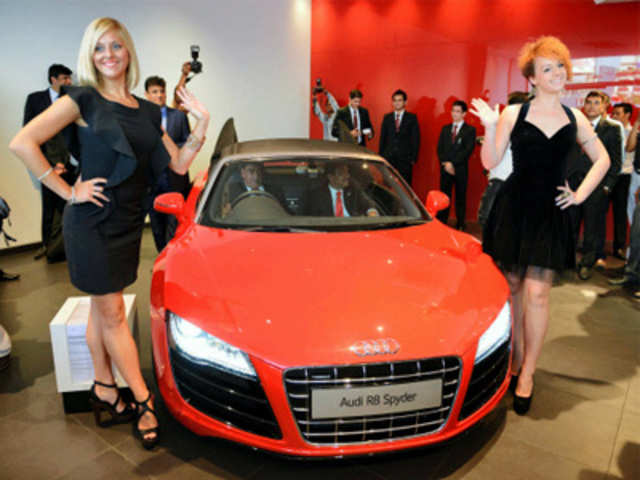 Models pose with 'Audi R8 Spyder'
