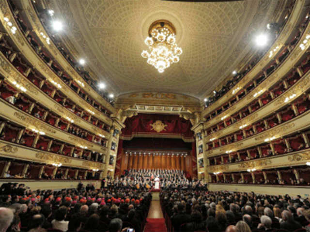 Pope Benedict XVI addresses the audience at La Scala theater