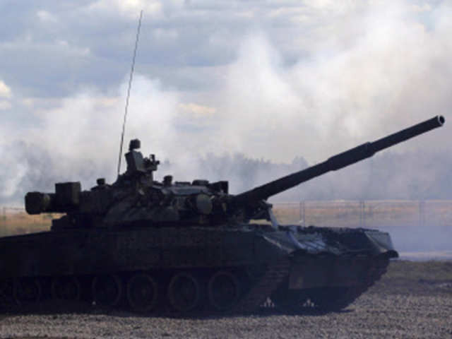 A Russian T-80 tank during a demonstration show