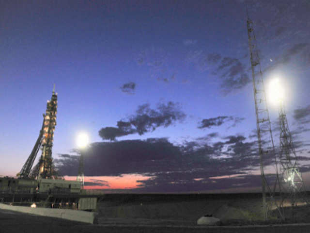 The Soyuz TMA-05M spacecraft rests on its launch pad