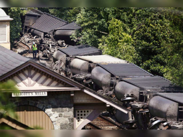 An overturned freight train in Ellicott City, Maryland