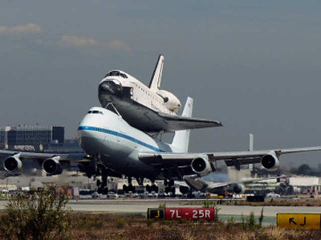 Space Shuttle Endeavour arrives in L.A. atop a transport plane