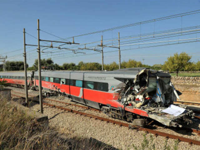 View of a train after a collision with a truck on September 24, 2012 in the southern city of Cisternino