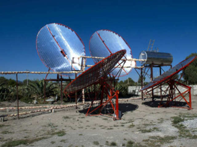 A group of dish-shaped solar reflectors in El Sauz, Mexico