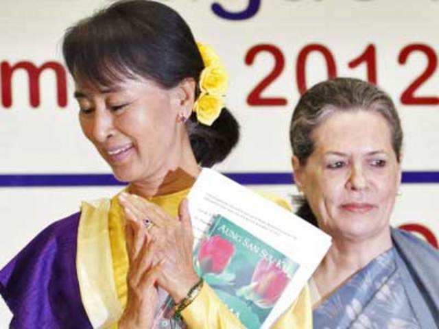 Aung San Suu Kyi and Sonia Gandhi in New Delhi