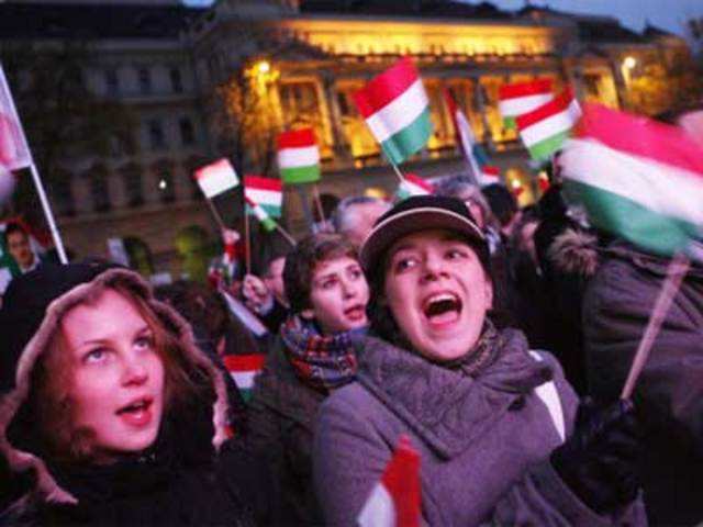 Hungarians shout slogans during a demonstration against Nazism in Budapest