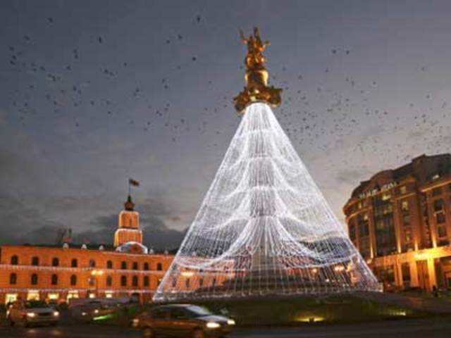 An illumination resembling a Christmas tree in Tbilisi, Georgia