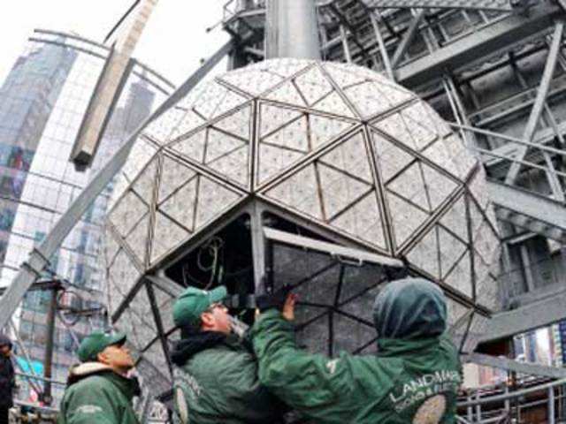 Workers install panels for Times Square New Year's Eve ball