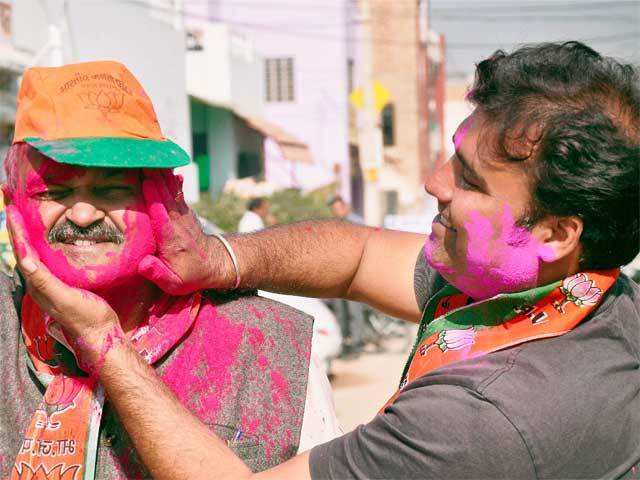 BJP supporters celebrate with colours in Bikaner