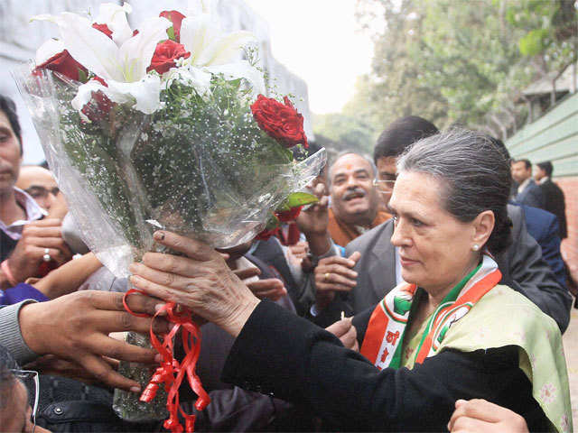 Congress workers greet Sonia and Rahul for Lokpal Bill