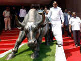 P Chidambaram inspects the statue of the bronze bull