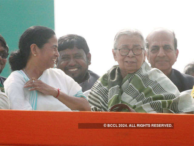 Chief Minister Mamata Banerjee, writer Mahasweta Devi during a mass gathering in Kolkata