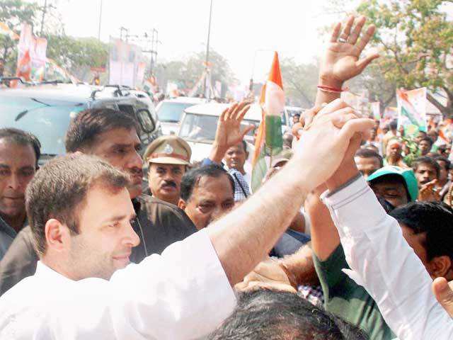 Rahul Gandhi during a roadshow in Bhubaneswar