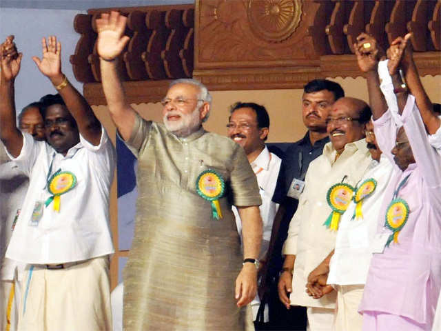 Narendra Modi waves during Kerala Pulaya Maha Sabha in Kochi