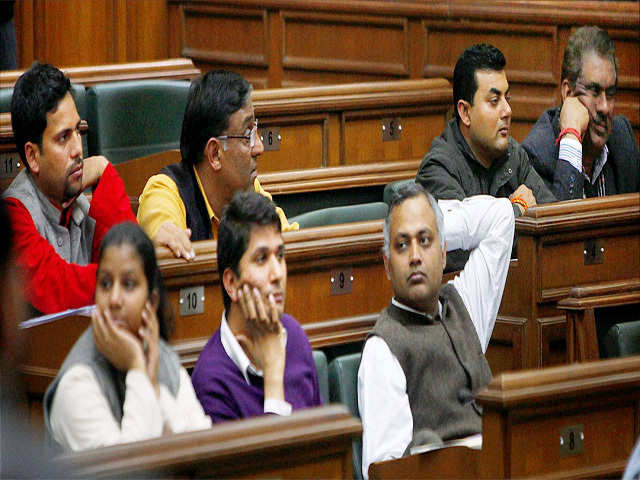 Delhi Ministers Somnath Bharti, Saurabh Bhardwaj and Rakhi Bidlan in the Delhi Assembly