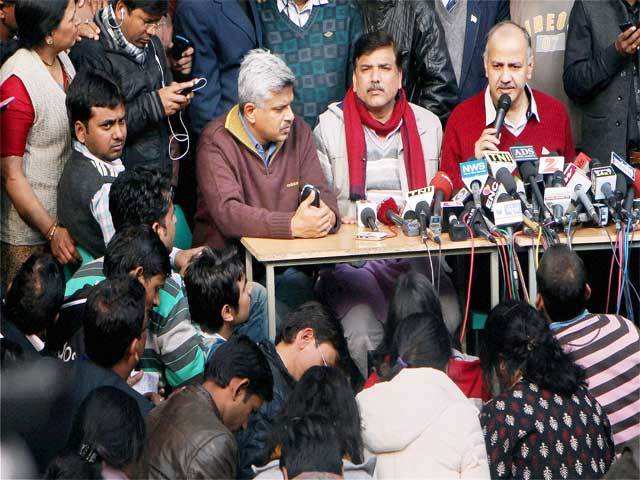 Manish Sisodia and others addressing a press conference in New Delhi