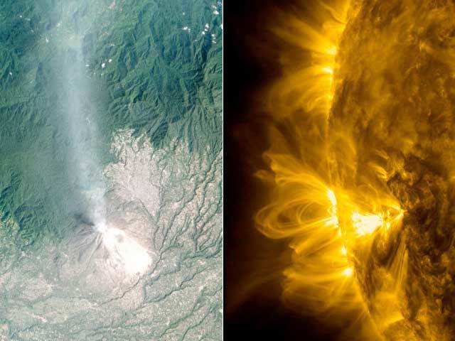 Indonesia's Sinabung volcano & sun's coronal loops